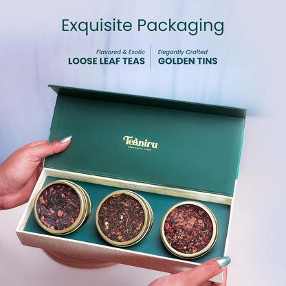 Teaniru, Grandeur Tea Collection | 3 Loose Leaf Tea Sampler | Variety Pack Assortment of Green, Herbal & Black Tea | Gluten Free & Sugar Free | Gift Set for Men & Women | Thanks Giving