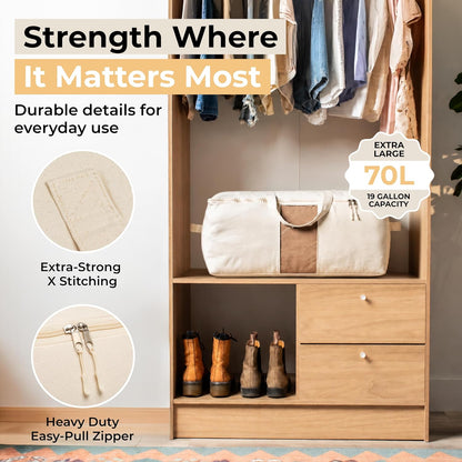 Soft Canvas Storage Bags with Zipper. Thick Breathable, 2pc King/Queen Comforter Organizer. Four Carrying Handles and Window. Large 25x19x9in Bag for Sheets Blankets Bedding Pillows, Clothes