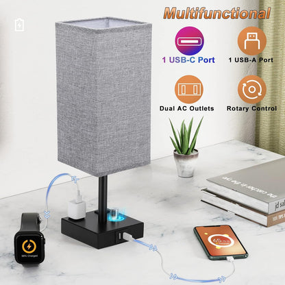Bedside Table Lamps Set of 2 for Bedroom - Dimmable, USB C+A, 2 AC Outlets