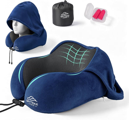 SkytraxComf® Travel Neck Pillow with Hood for Privacy on Long Flights | Memory Foam | Airplane Sleep | Safety-Tested Materials | Extra Large Hood | Chin Support | Earplugs | Washable Cover