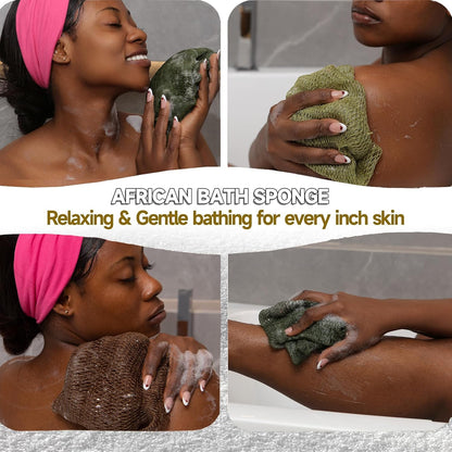 SubSahara Authentic African Net Sponge - 2 Pack Exfoliating Bath & Shower Loofah Sponge for Body & Face, Gentle Scrubber for All Skin Types, Travel, Durable Polyester (Olive Green & Light Green)