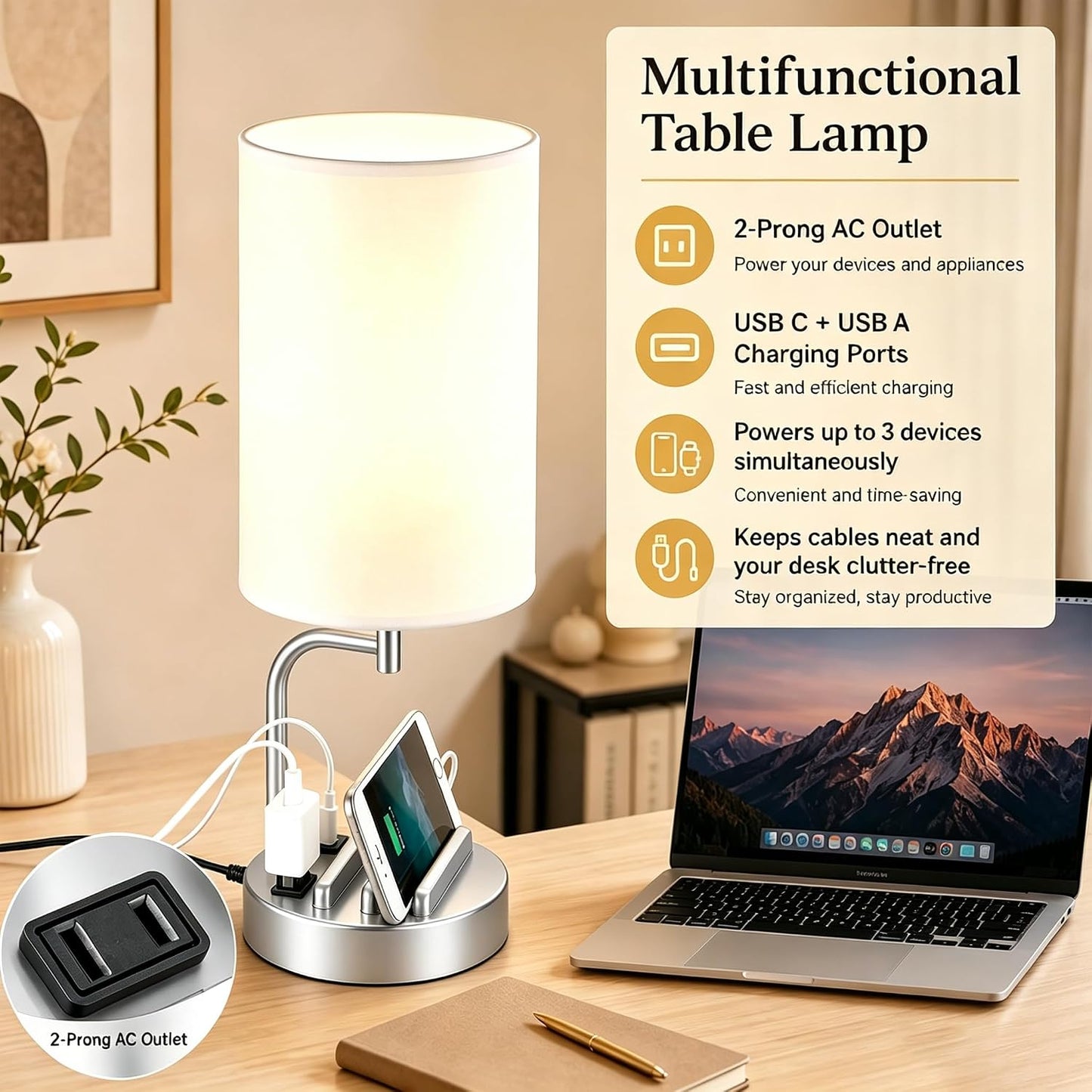 Dreamholder Touch Control USB Table Lamp with USB C/A & AC Outlet, 3-Way Dimmable Bedside Lamp, Modern Nightstand Lamps for Bedroom Living Room Guest Room Office, Bulb Included, Gold