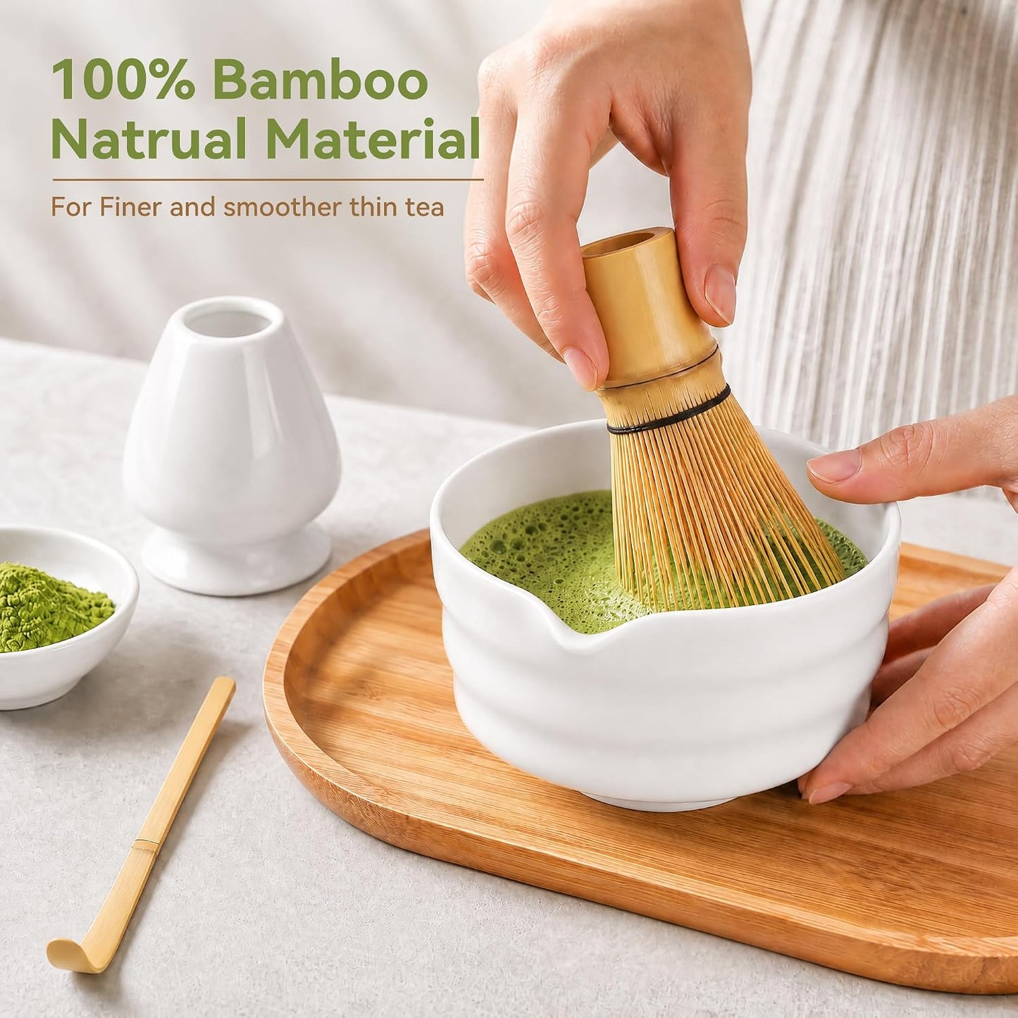 Matcha Whisk Set with Ceramic Bowl - Complete Matcha Making Kit, Bamboo Whisk (Chasen), Whisk Holder, Matcha Powder Sifter, Scoop, Japanese Tea Ceremony Tools（Green）