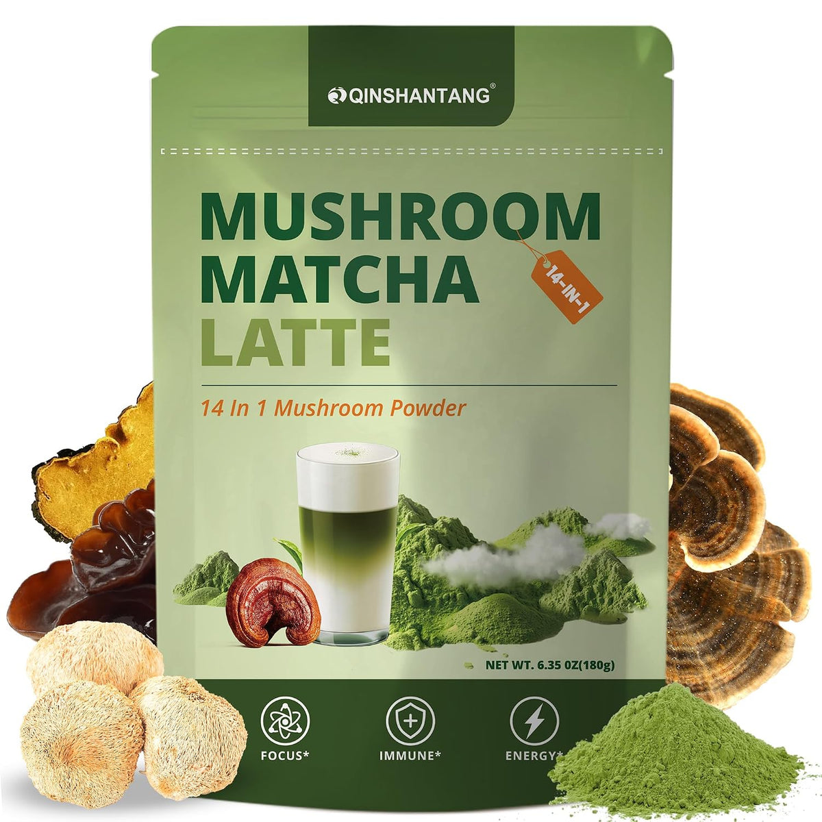 Mushroom Matcha Latte, Ceremonial Matcha Green Tea Powder with 14 Mushrooms, Probiotics and MCT Powder | Lion's Mane, Reishi & Chaga | Instant Latte Mix, Non-GMO, Vegan & Sugar-Free | 6.35 Oz