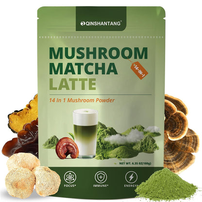 Mushroom Matcha Latte, Ceremonial Matcha Green Tea Powder with 14 Mushrooms, Probiotics and MCT Powder | Lion's Mane, Reishi & Chaga | Instant Latte Mix, Non-GMO, Vegan & Sugar-Free | 6.35 Oz