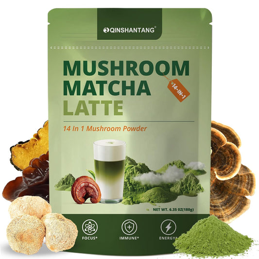 Mushroom Matcha Latte, Ceremonial Matcha Green Tea Powder with 14 Mushrooms, Probiotics and MCT Powder | Lion's Mane, Reishi & Chaga | Instant Latte Mix, Non-GMO, Vegan & Sugar-Free | 6.35 Oz