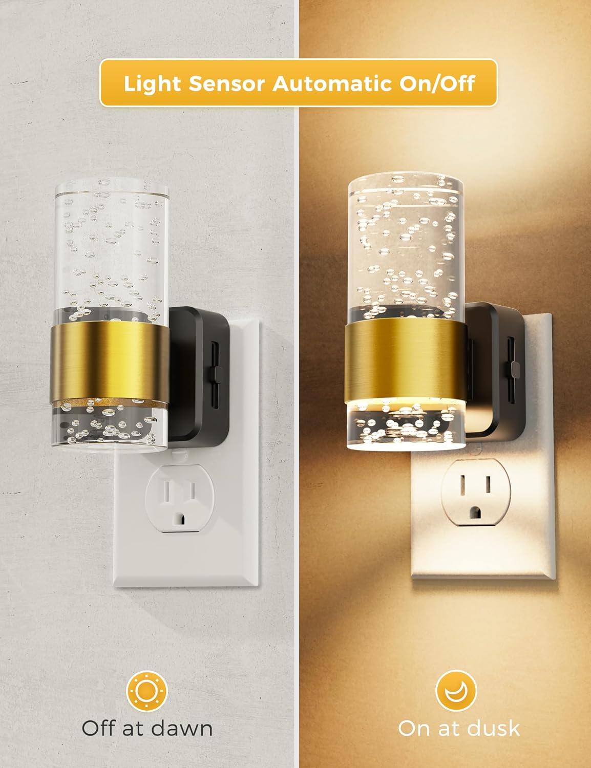 L LOHAS LED Night Lights Plug into wall, Amber Night Light with Adjustable Brightness, Plug in NightLight with Auto Light Sensor, Wall Sconce-Style Design Night Light for Bathroom,Hallway, 2 Pack