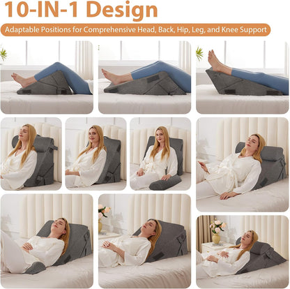 BIEEZZK Wedge Pillow Set for After Surgery, Wedge Pillow for Acid Reflux, Bed Wedge Pillow with Adjustable 9&12inch for Headboard,Sleeping, Orthopedic Memory Foam for Neck&Back Support, White/Grey