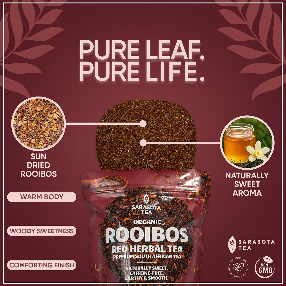 Organic Rooibos Tea 1 lb (16 Oz) – USDA Certified Organic South African Red Rooibos Loose Leaf Tea – Naturally Caffeine Free Herbal Tea – Bulk Resealable Bag