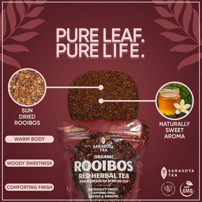 Organic Rooibos Tea 1 lb (16 Oz) – USDA Certified Organic South African Red Rooibos Loose Leaf Tea – Naturally Caffeine Free Herbal Tea – Bulk Resealable Bag