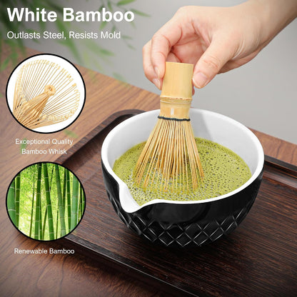 Matcha Whisk Set, 7 Pcs Matcha Kit, Ceramic Matcha Set Includes Matcha Bowl with Spout, Matcha Whisk and Holder, Bamboo Scoop, Scoop Rest, Sifter and Tea Towel (Ceramic White)
