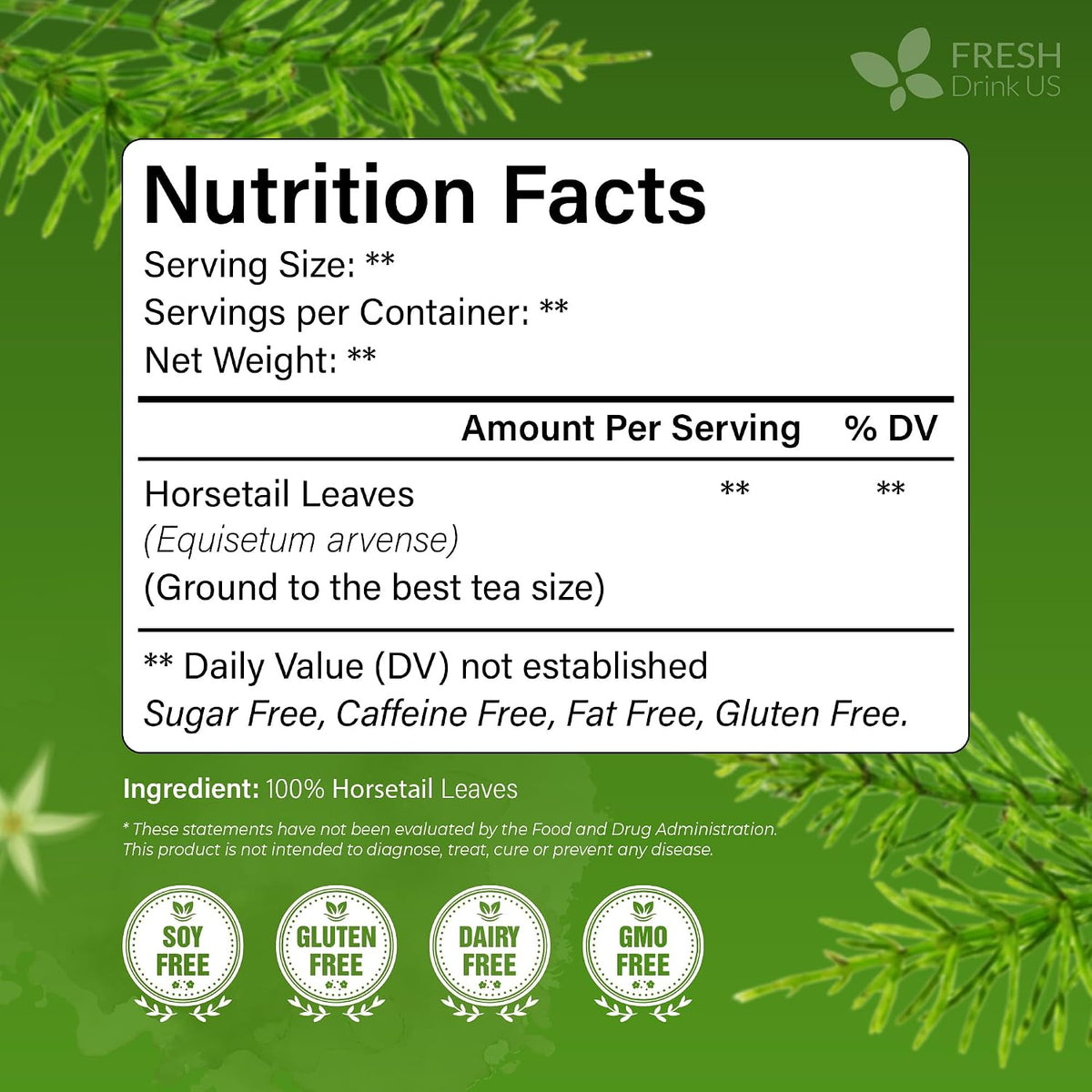 FreshDrinkUS, Premium 75 Horsetail Leaf Tea Bags, 100% Natural & Pure from Horsetail Loose Leaves Herbal Tea. Made with Natural Material Tea Bags. No Sugar, No Caffeine, No Gluten, Vegan.