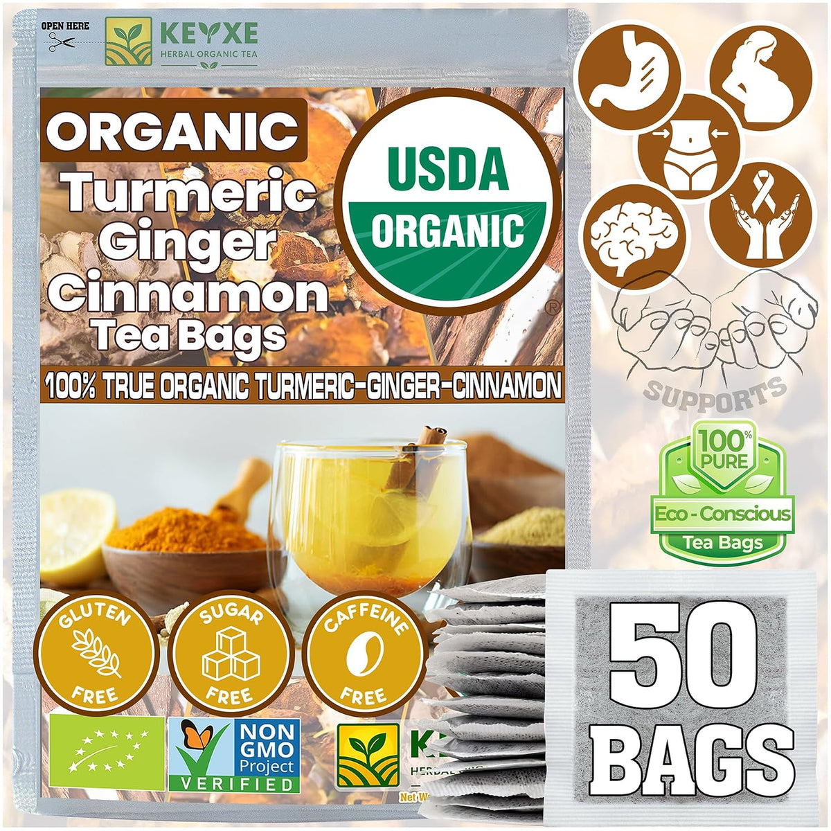 USDA Organic Turmeric Ginger Cinnamon Tea Bags (50 Count) ñ Supports Digestion, Brain, Skin, Sleep & Joint Mobility ñ Eco-Conscious, Caffeine-Free & Sugar-Free Herbal Wellness Tea ñ Vegan, Non-GMO Natural Root Blend