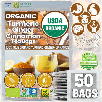 USDA Organic Turmeric Ginger Cinnamon Tea Bags (50 Count) ñ Supports Digestion, Brain, Skin, Sleep & Joint Mobility ñ Eco-Conscious, Caffeine-Free & Sugar-Free Herbal Wellness Tea ñ Vegan, Non-GMO Natural Root Blend