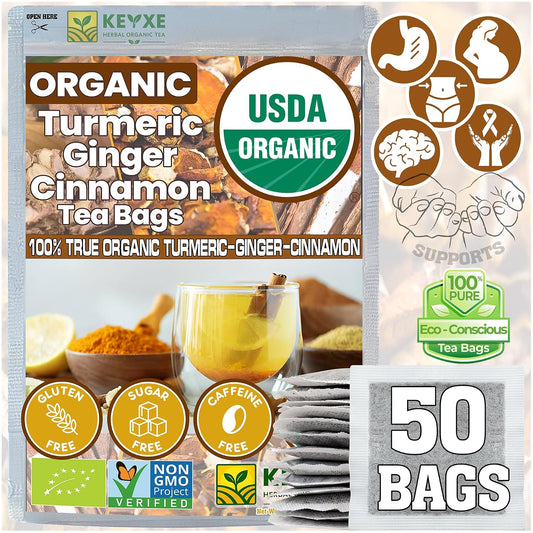 USDA Organic Turmeric Ginger Cinnamon Tea Bags (50 Count) ñ Supports Digestion, Brain, Skin, Sleep & Joint Mobility ñ Eco-Conscious, Caffeine-Free & Sugar-Free Herbal Wellness Tea ñ Vegan, Non-GMO Natural Root Blend