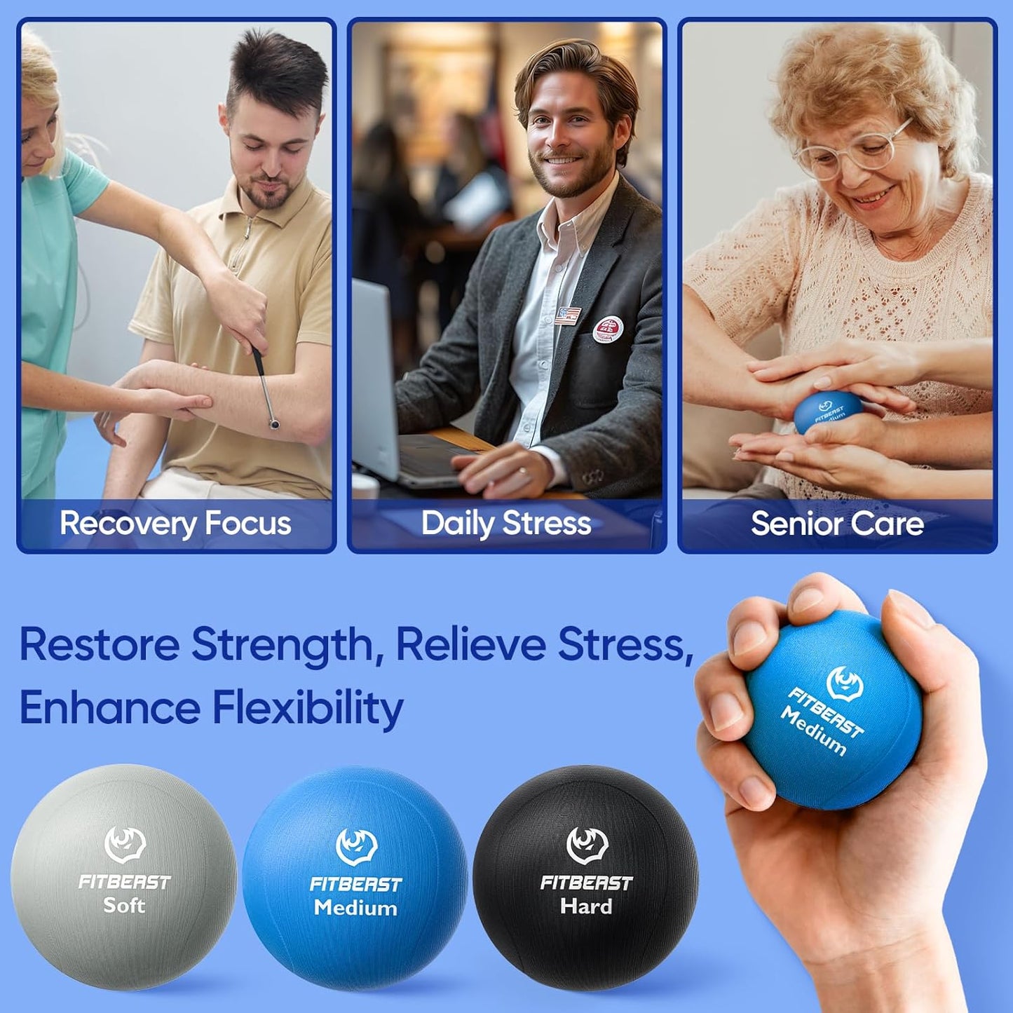 FitBeast Grip Strength Trainer – 6 Pieces Hand Therapy Kit with Finger Extension Exerciser & Stress Balls for Adults, Rehab & Strength Training – for Men, Women, and Seniors
