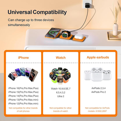 3 in 1 Charging Station for Multple Devices,Foldable 3 in 1 Wireless Charger for Travel,NANO Wireless Charging Station for iPhone17 16 15 14 13 12 Pro Max/Watch 10 9 8 7 6 5 4 3 Ultra/AirPod Pro