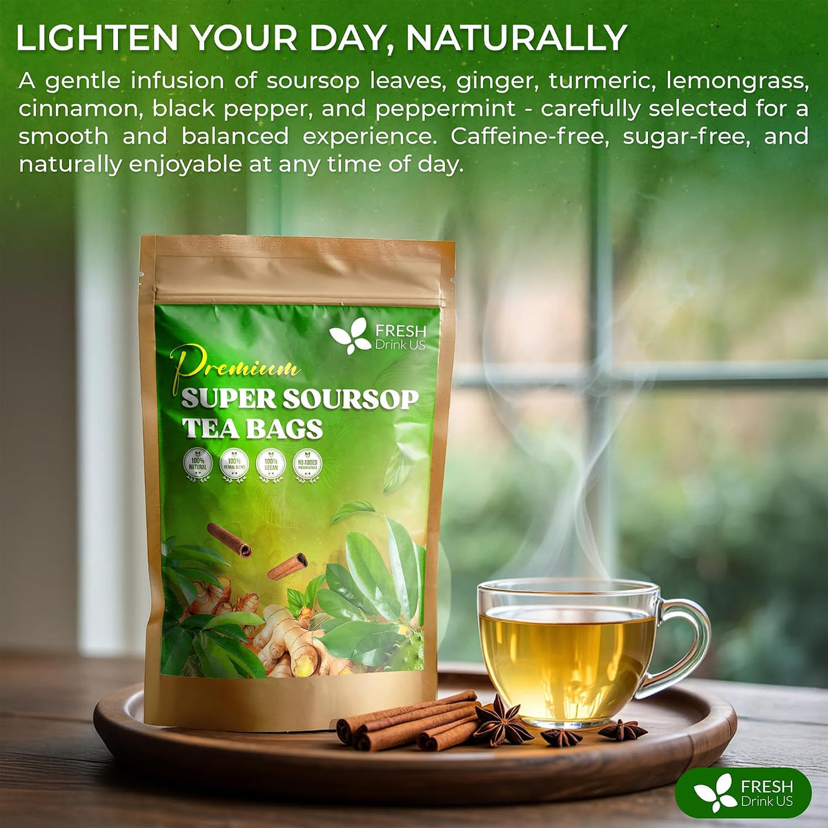 FreshDrinkUS, Super Soursop Herbal Tea – 40 Tea Bags | Soursop, Ginger, Turmeric, Lemongrass, Cinnamon, Black Pepper & Peppermint | Caffeine-Free, Natural Flavor, Plant-Based Blend | Sugar-Free