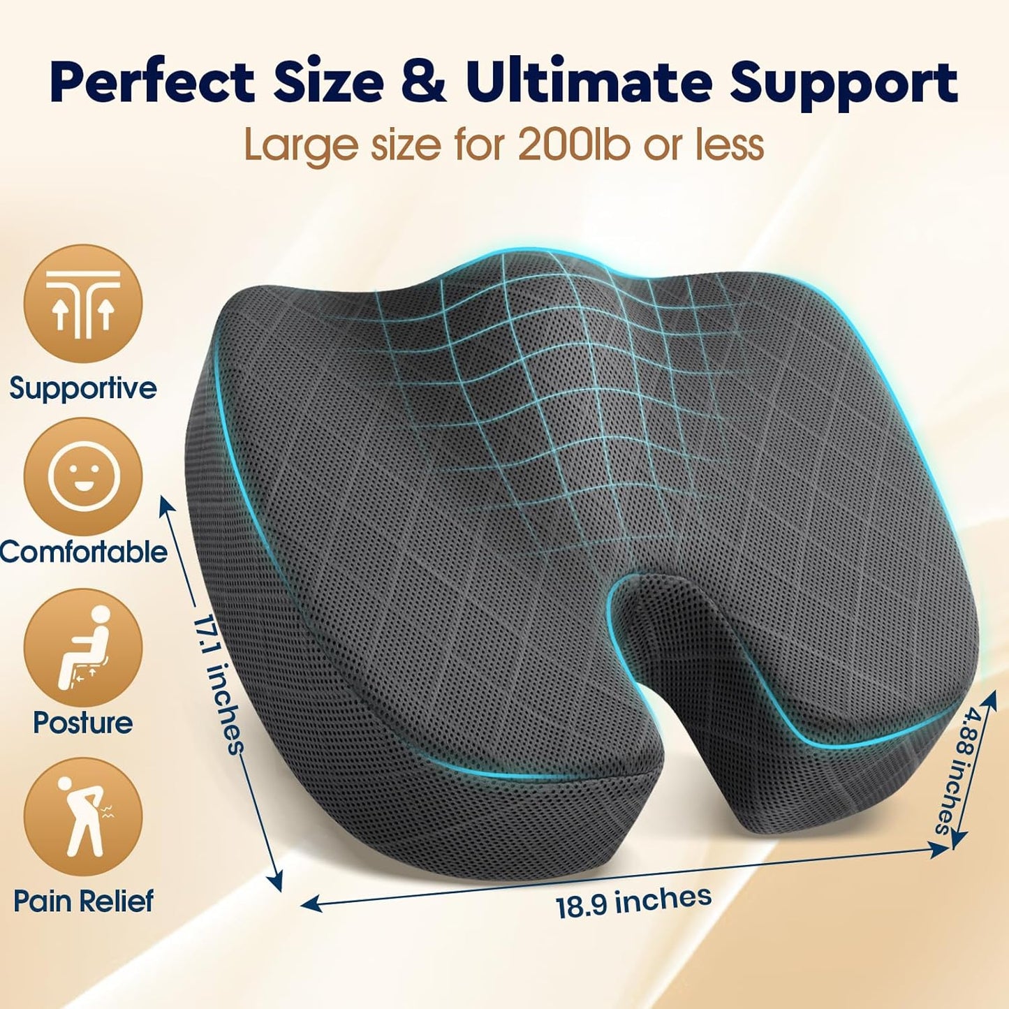 TushGuard Seat Cushion - Memory Foam Sitting Pillow for Office Chair, Car Seat, Airplane, Bleacher - Sciatica & Hip & Coccyx Pain Relief Desk Chair Cushion for Long Sitting Office Workers, Car Drivers