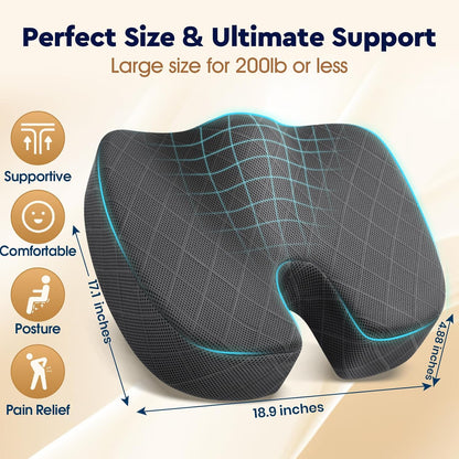 TushGuard Seat Cushion - Memory Foam Sitting Pillow for Office Chair, Car Seat, Airplane, Bleacher - Sciatica & Hip & Coccyx Pain Relief Desk Chair Cushion for Long Sitting Office Workers, Car Drivers