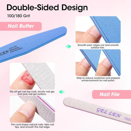 Gellen Nail Care Kit Manicure Tools Kit: Nail Strengthener and 2Pcs Nail File & Buffer 100/180, Cuticle Pusher Pen, Cuticle Oil & Remover, Fork | Nail Clipper & Brush