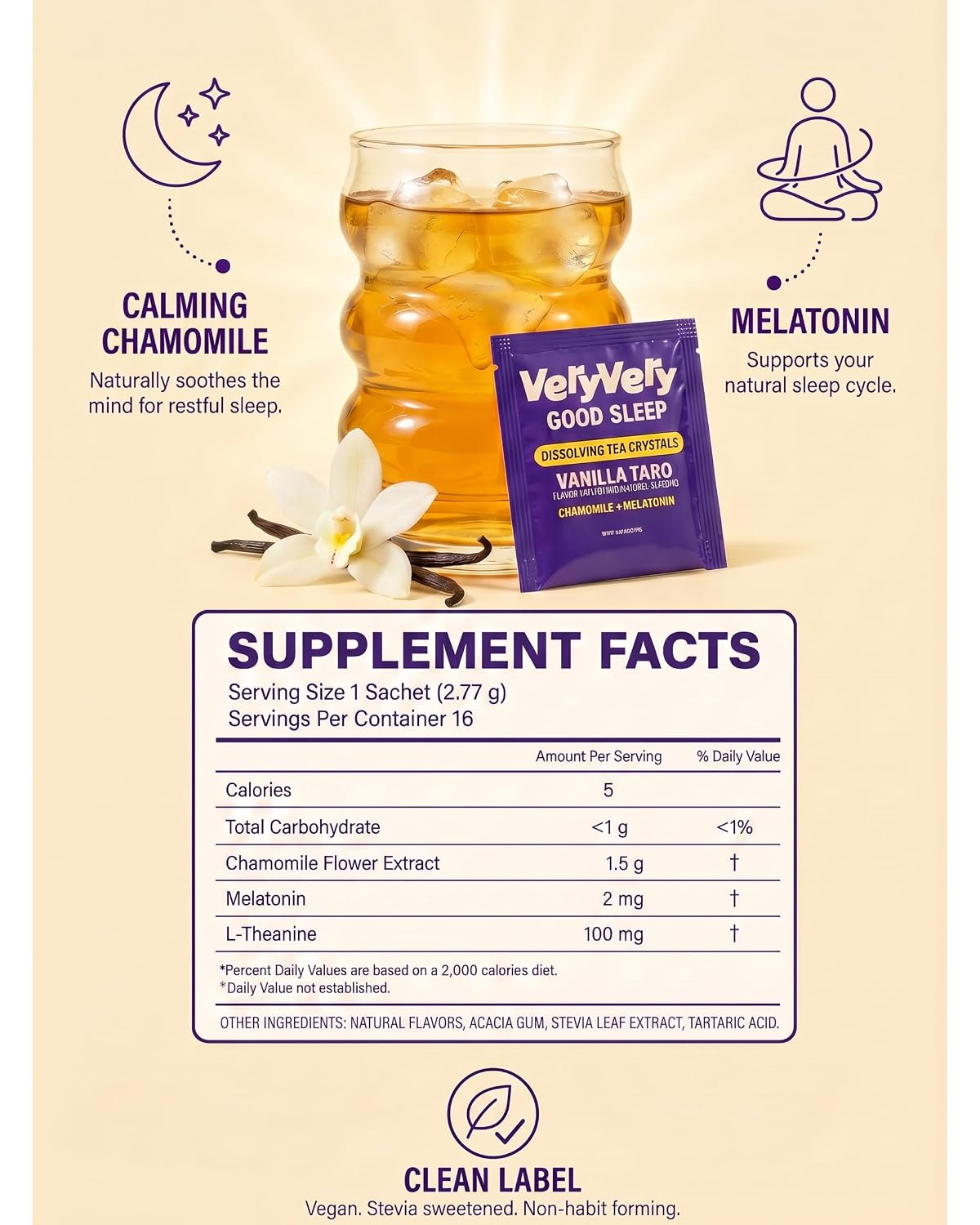 VeryVery Good Tea Sleep Mix, Vanilla Taro, Melatonin, 10 Packets