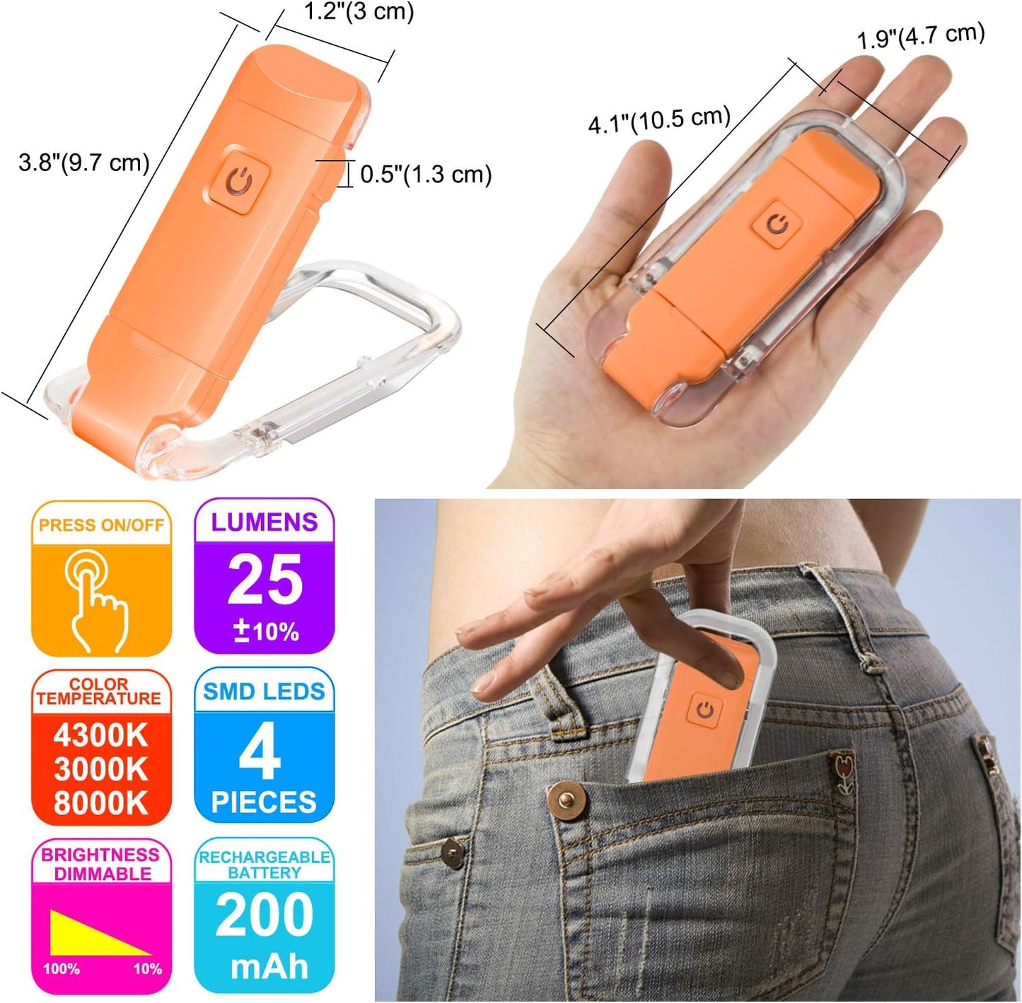 HONWELL Rechargeable Book Light, Clip On LED Reading Lights for Kids Reading in Bed, 3 Brightness Levels Dimmable Bookmark Light for Eye-Protection, Portable Reading Lamp for Bookworms, Travel(Orange)