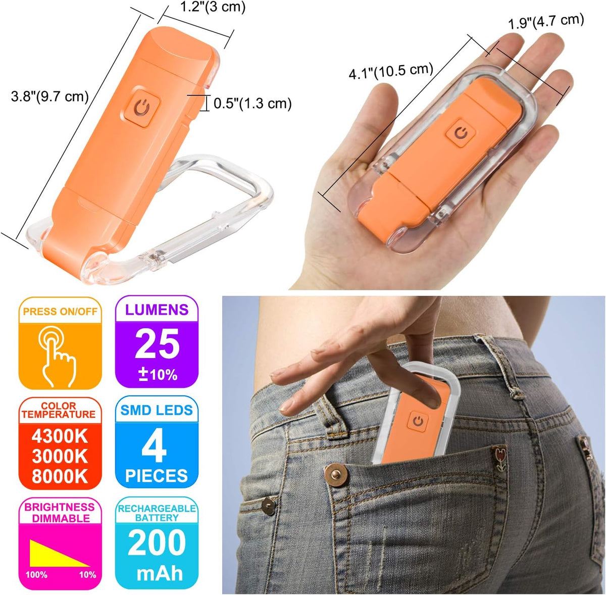 HONWELL Rechargeable Book Light, Clip On LED Reading Lights for Kids Reading in Bed, 3 Brightness Levels Dimmable Bookmark Light for Eye-Protection, Portable Reading Lamp for Bookworms, Travel(Orange)
