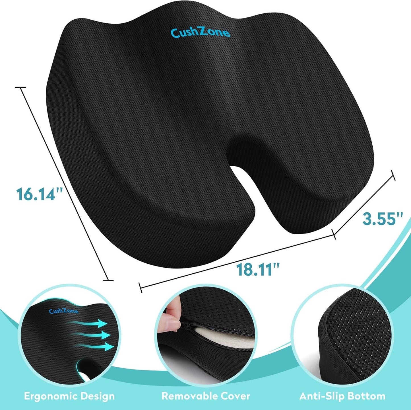 Office Chair Seat Cushion, Cooling Gel Enhanced Memory Foam Cushion for Long Sitting - Back, Sciatica, Coccyx, Tailbone Pain Relief Pillow - for Office, Gaming, Car, Wheelchair - Black, Large