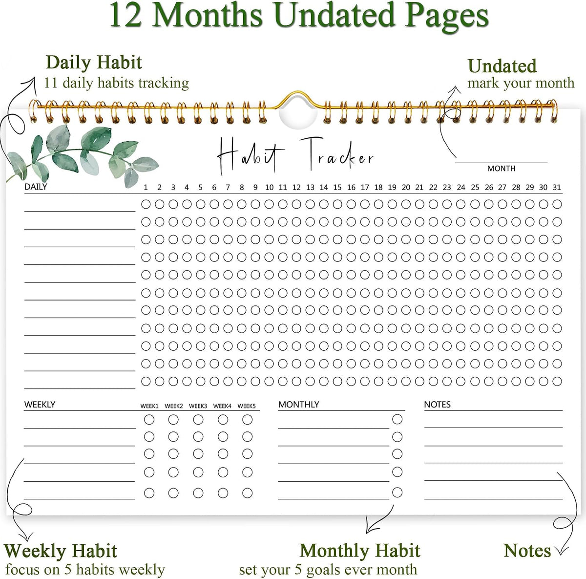 Habit Tracker Calendar, Aesthetic Daily Weekly Goal and Habit Tracker Journal, 12 Months Undated Habits Tracker Planner with Spiral Binding, Boost Productivity Tool and Workout Calendar, 11.7"x8.5"