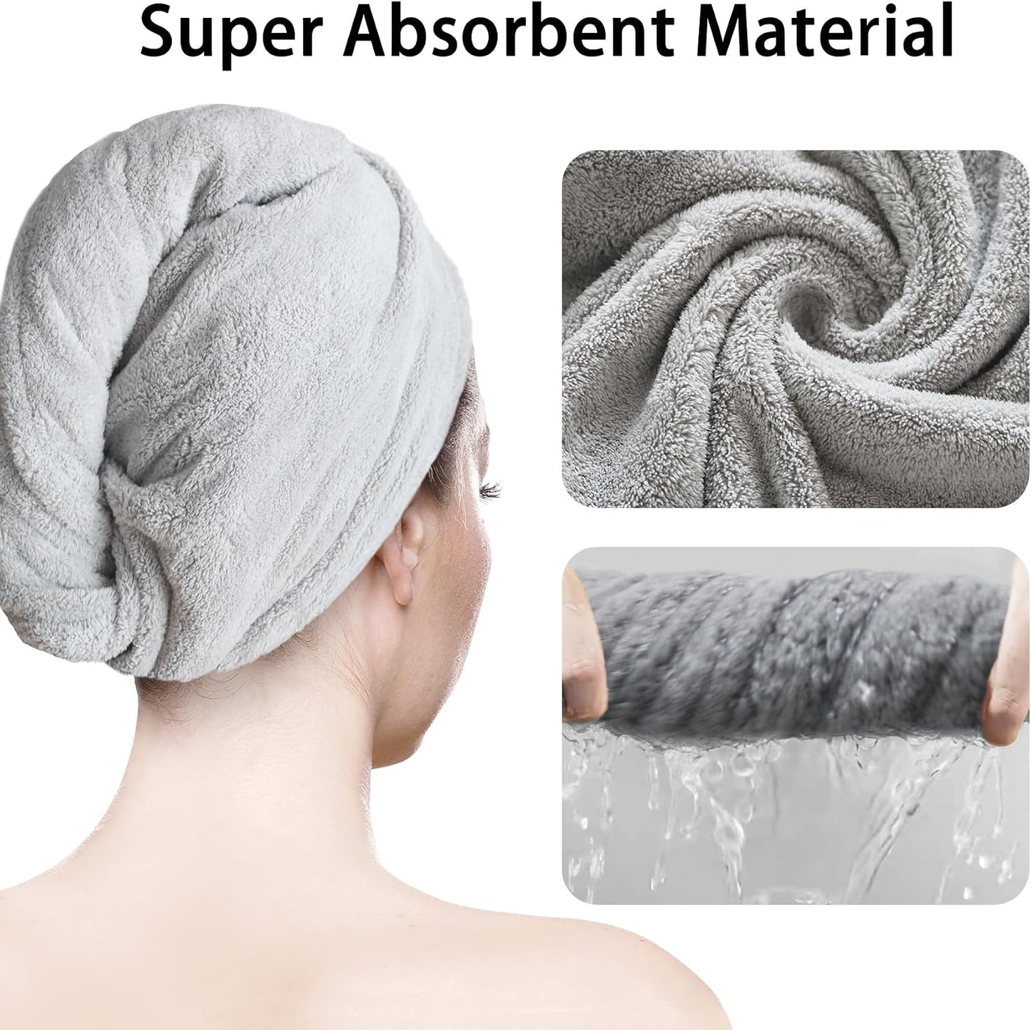 2 Pack Microfiber Hair Towel Wrap for Women Super Absorbent Quick Dry Hair Turban for Drying Curly, Long & Thick Hair 10 inch X 26 inch Lightgrey+SkyBlue
