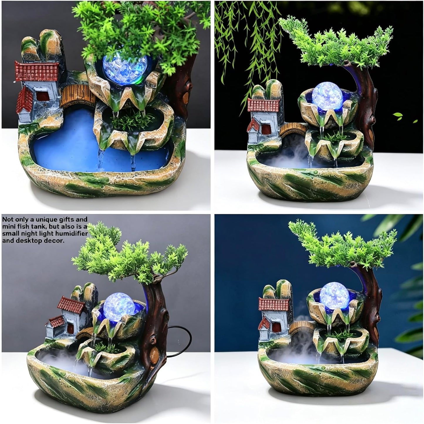 Mini Artificial Bonsai Tree Waterfall Fog Feature Rock Tabletop Fountain | 11in Desktop Decor Waterfall Fountain W/ Water Pump& Atomizer&LED Lights &Fake Tree Office Bedroom Relax