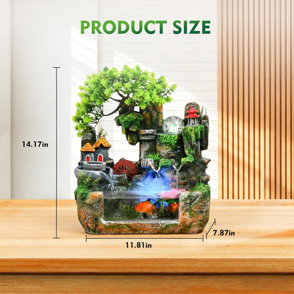 Upgraded Resin Tabletop Waterfall Fountain with LED Mist & DIY Rockery Landscape, Relaxing Desktop Water Fountain for Office, Bedroom & Home Décor, Quiet Indoor Water Feature