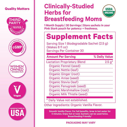 Pink Stork Organic Lactation Tea, Smooth Vanilla, Caffeine-Free, 15 Sachets