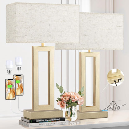 Gold Table Lamps Set of 2, 16.4" Bedside Lamps for Nightstand with USB C+A