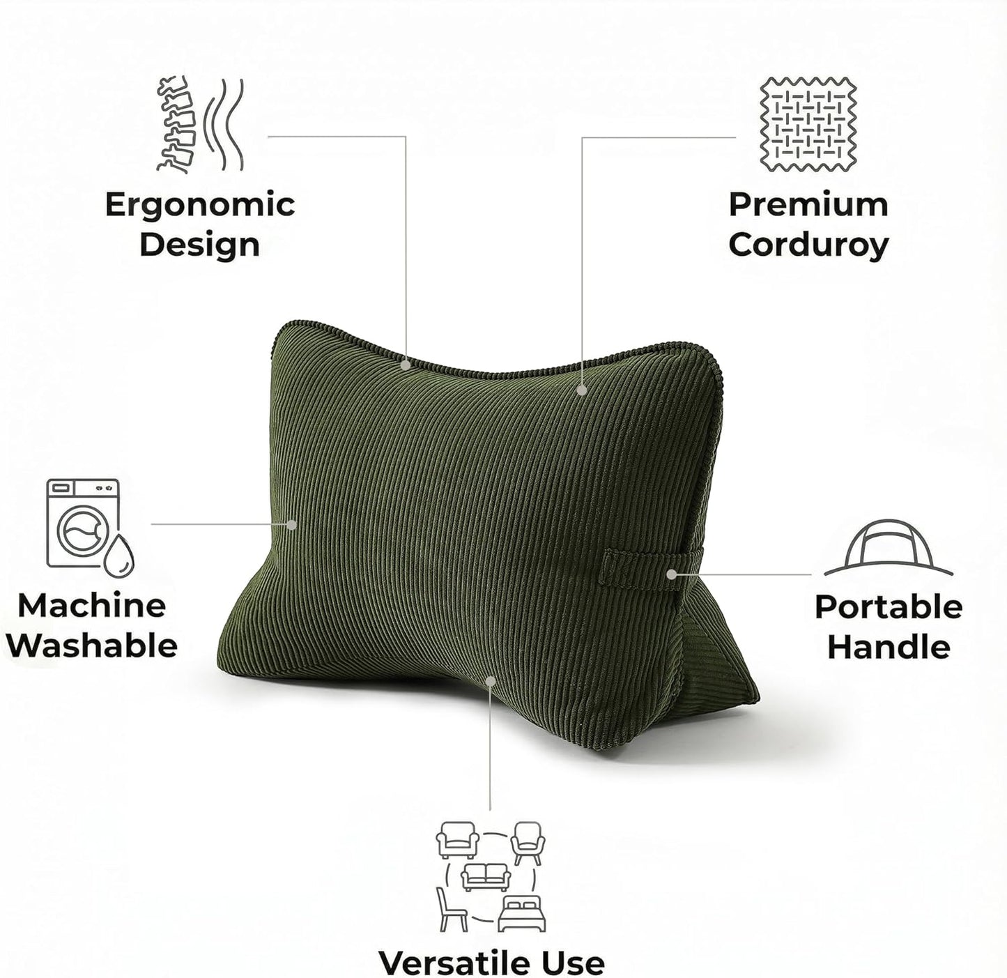 Pat. Pend. Corduroy Lumbar Support Back Pillow for Watching TV, Reading & Gaming, Ergonomic Triangle Support Cushion for Sofa, Armchair & Bed Sitting, Removable Washable Cover, Beige Gray