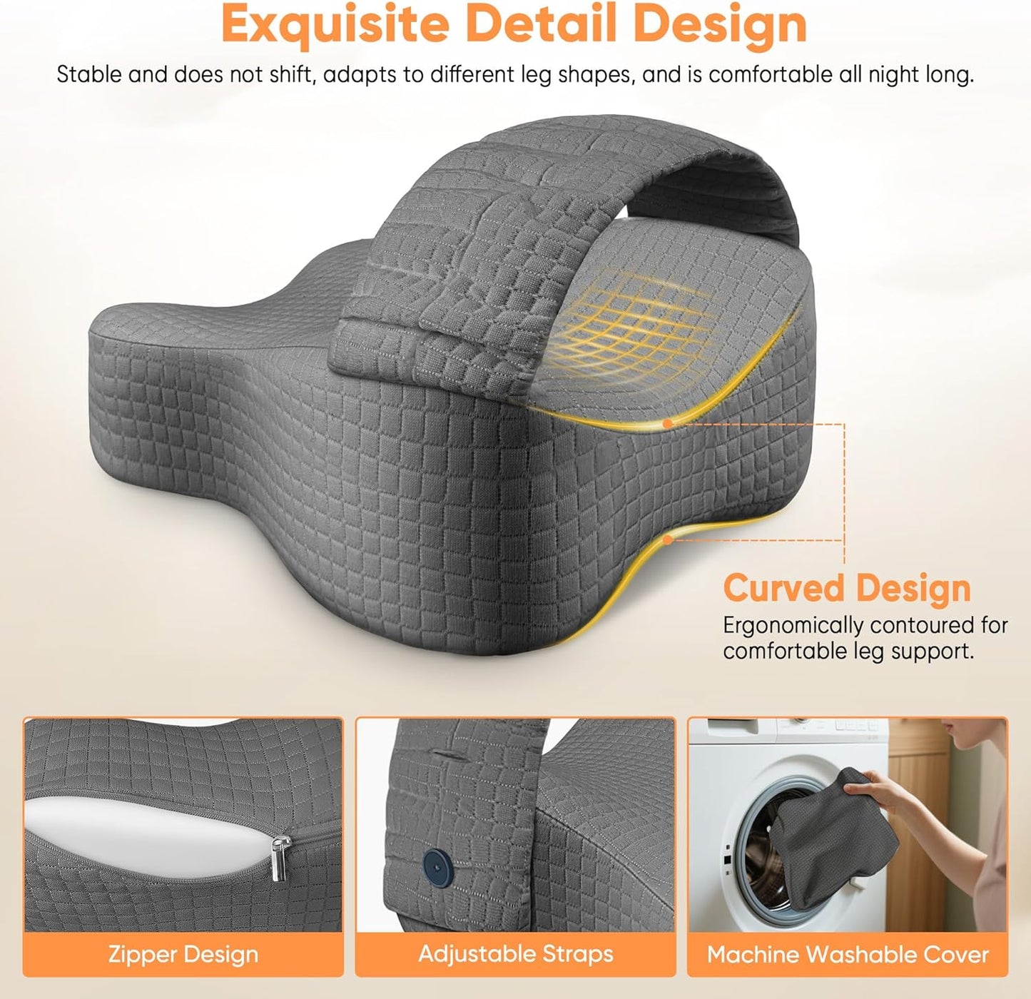 Knee Pillow for Side Sleepers, Leg Pillow for Side Sleeping, Sciatica Pain Relief, Hip with Ergonomic Memory Foam – Large Grey Cushion for Thigh, Knee, Back & Leg Support