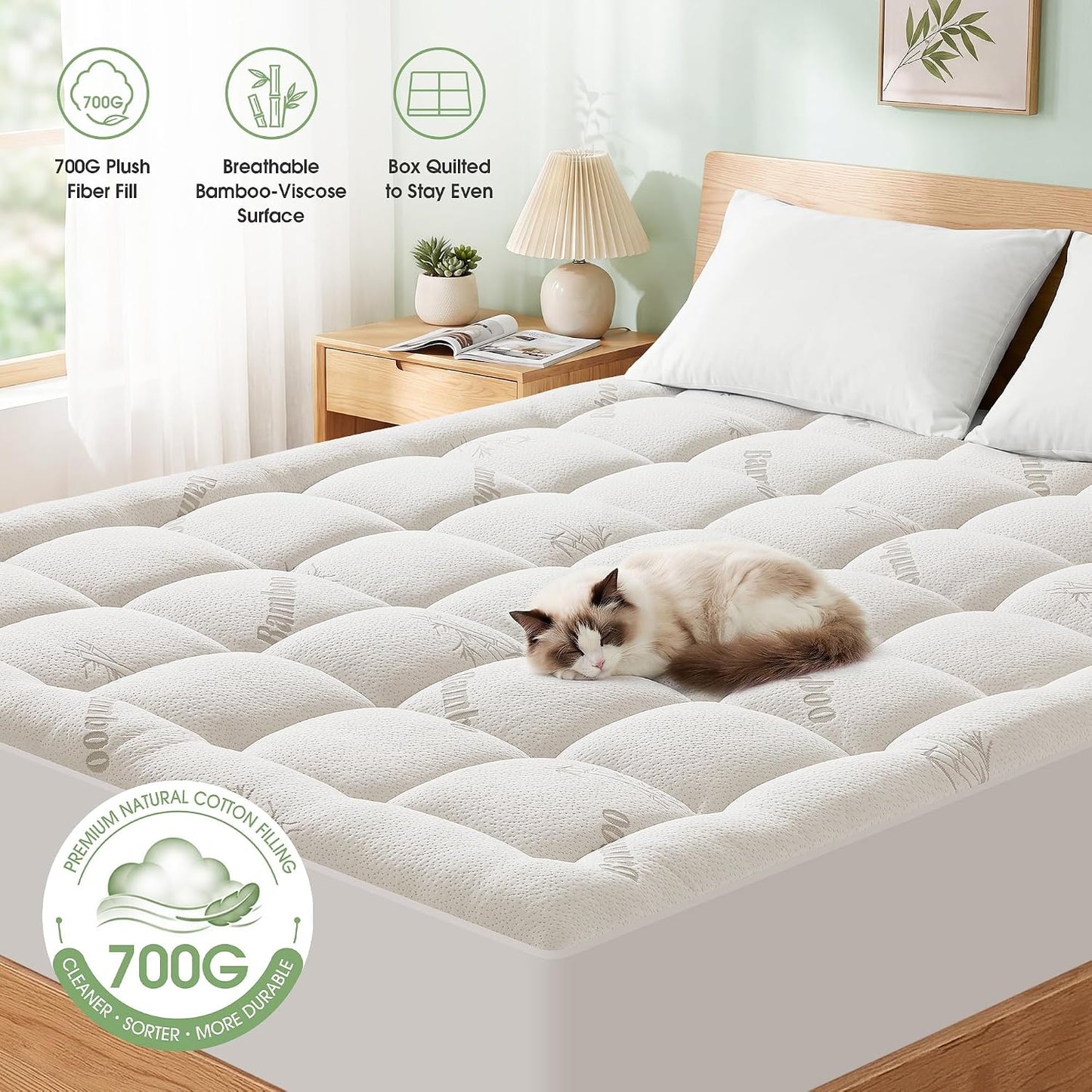 Mattress Pad Queen Size, Cooling Pillow Top Mattress Topper, Ultra Soft Viscose Made from Bamboo, Breathable for Hot Sleepers, Deep Pocket 8"-20", Green