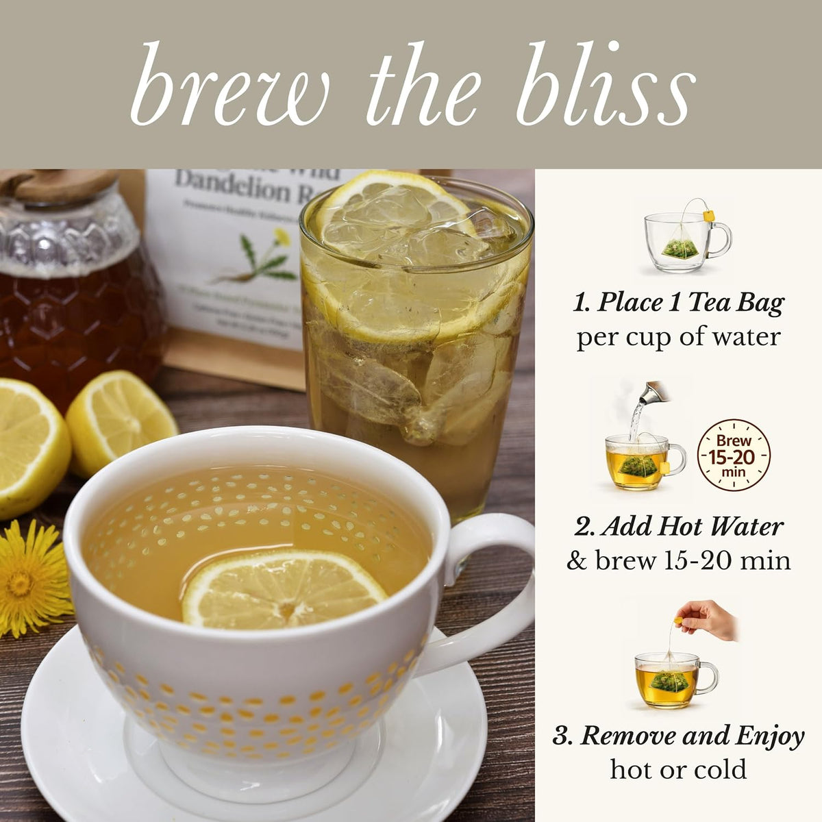 Wild Bliss Organic Wild Raw Dandelion Root Tea - Pharmacopoeia Quality Caffeine Free Herbal Detox Support - 75 Plant Based Tea Bags