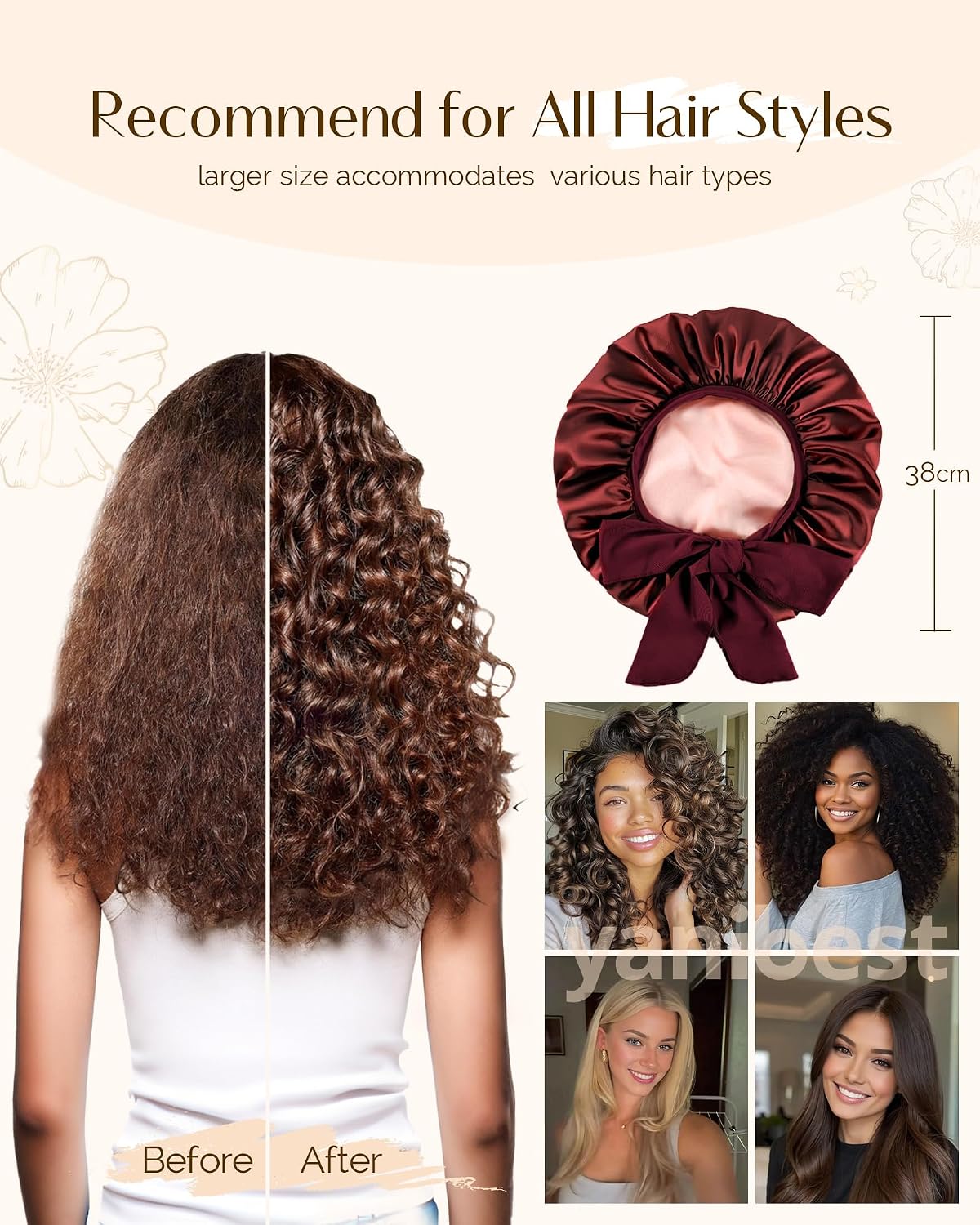 YANIBEST Adjustable Double Layer Satin Bonnet, Silk Hair Bonnet for Sleeping with Elastic Tie Curly Natural Hair Reduce frizz