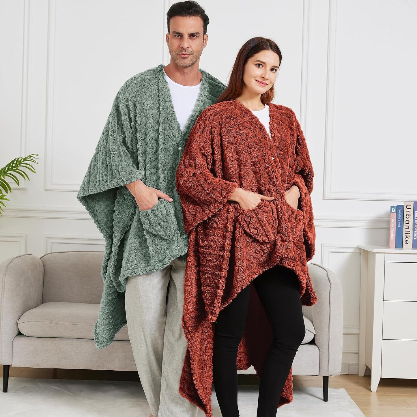 Wearable Blanket Poncho Cape Wrap for Adult, Cozy Sherpa Fleece Pocketed Shawl TV Throw Blankets for Office and Lounge(Purple,58'' x 64'')