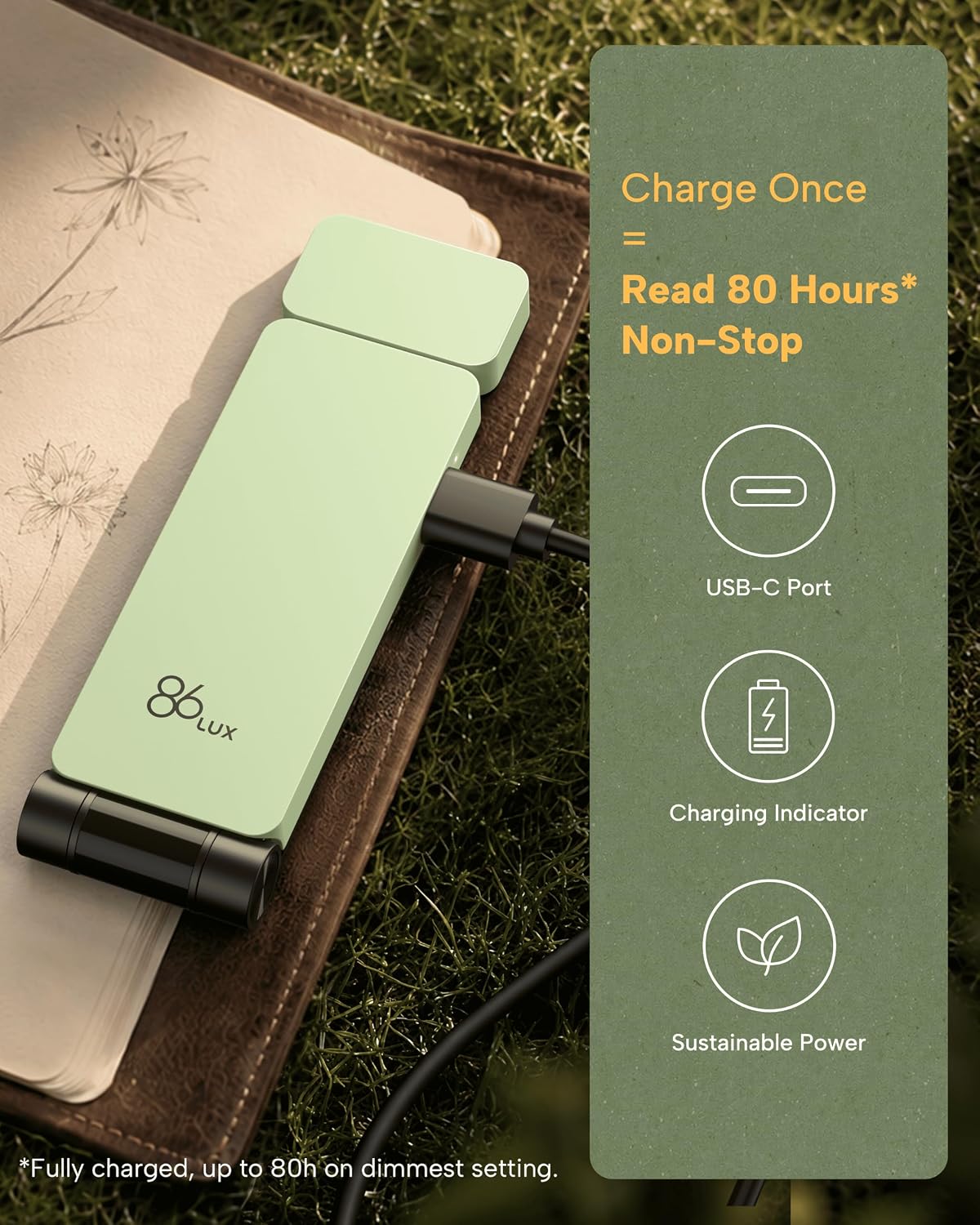 86lux Book Light, Rechargeable Clip-On LED Reading Light for Bed & Night Use - 3 Color Temperatures with Stepless Dimming, Ultralight Bookmark Design for Book Lovers, Grey