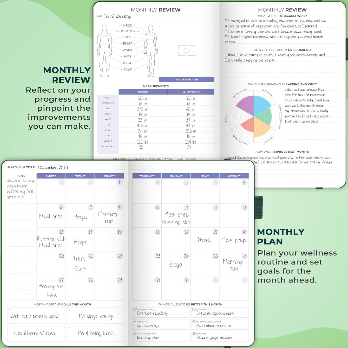 Clever Fox Fitness & Food Journal – Nutrition & Workout Planner for Women & Men – Diet & Gym Exercise Log Book with Calendars, Diet & Training Trackers - Undated, A5 Size, Hardcover (Forest Green)
