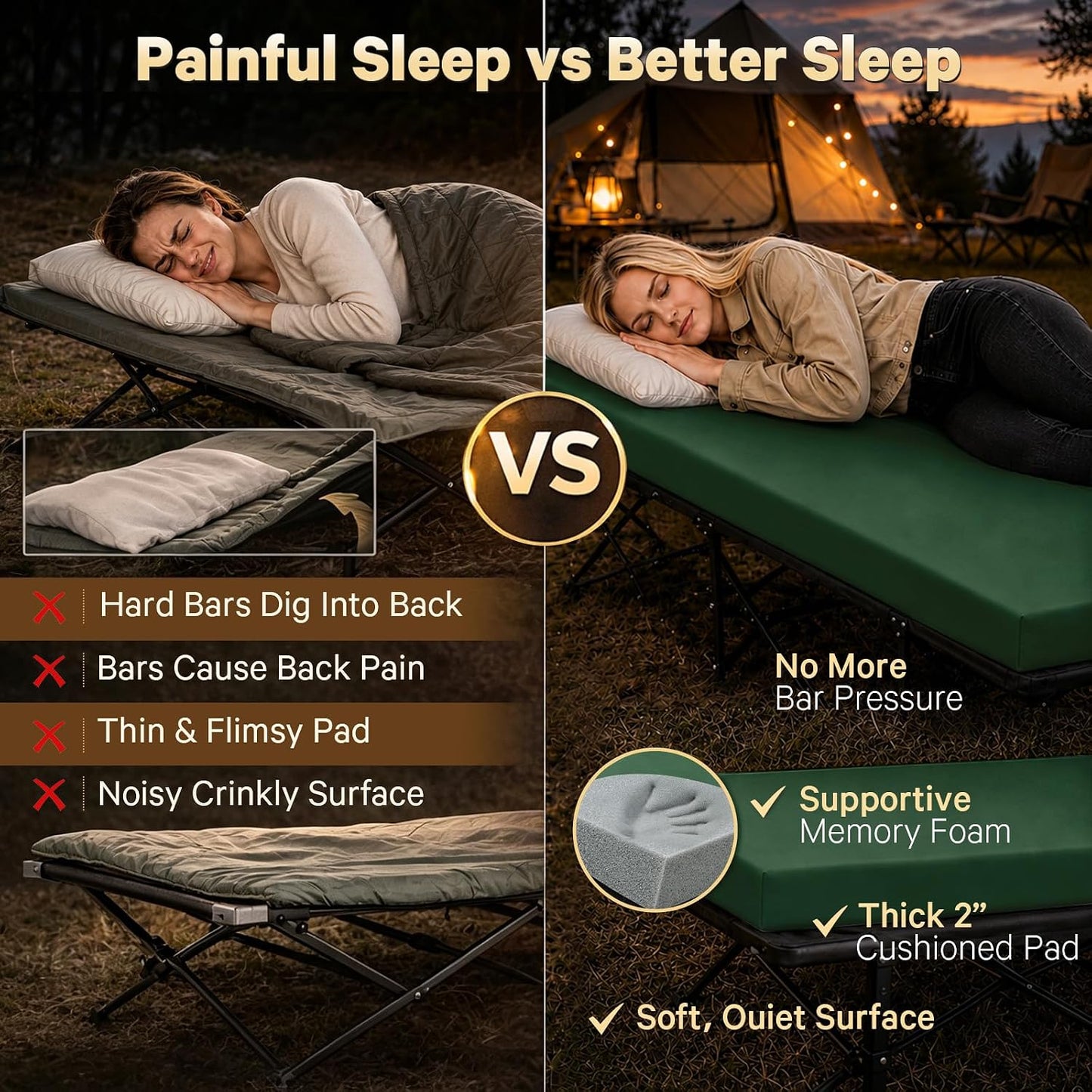 CYMULA Camping Cot Pad 2 Inch Memory Foam, Camping Pad for Folding Cot and Foldable Cot, Portable Roll Up Camp Gear for Car Camping Travel Tent, Non-Slip Waterproof Bottom, Removable Cover, Pad Only