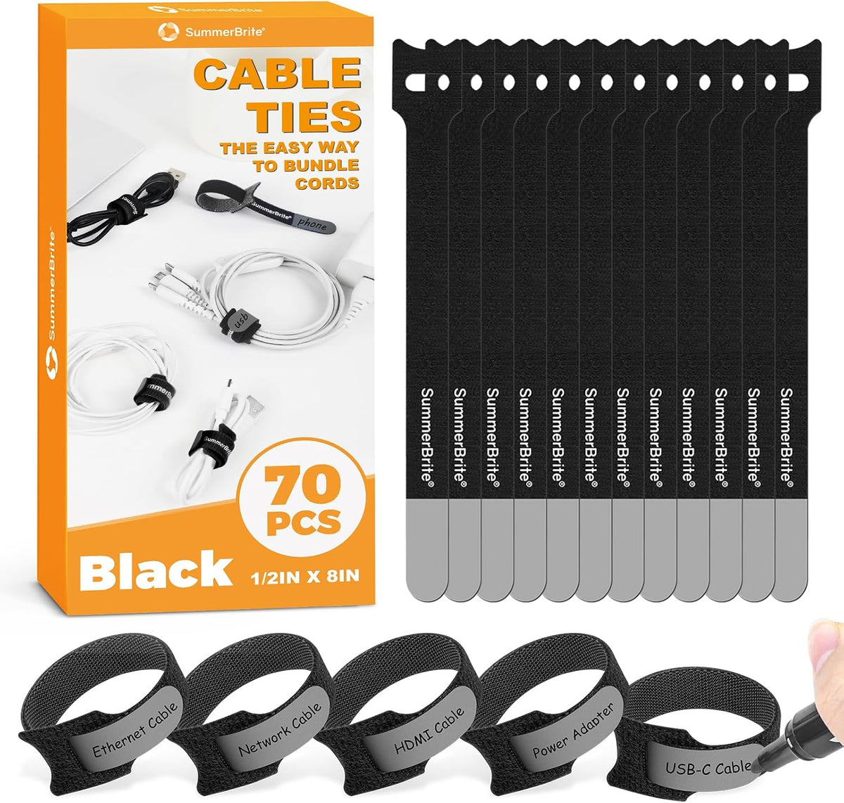 Cable Ties with Writable Labels, Wire Management, Black, 70 PCS, 6 IN