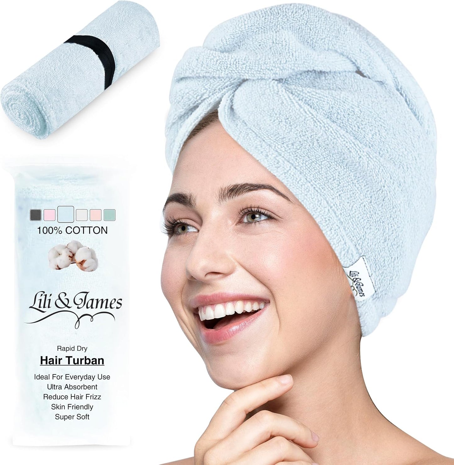 Lili&James 100% Cotton Hair Towel Wrap for Women & Kids – 420 GSM Quick Dry Hair Turban with Double Button Loop, Anti Frizz Non Microfiber Hair Drying Towel for Curly, Long & Thick Hair (Lilac)