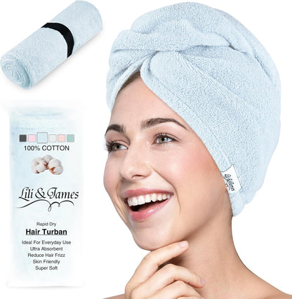Lili&James 100% Cotton Hair Towel Wrap for Women & Kids – 420 GSM Quick Dry Hair Turban with Double Button Loop, Anti Frizz Non Microfiber Hair Drying Towel for Curly, Long & Thick Hair (Lilac)