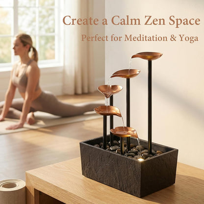 14" Tabletop Water Fountain, Indoor Desktop Fountain with Copper Leaf Design & LED Light, Splash-Free Zen Decor for Home, Office, Meditation, Yoga, Gift