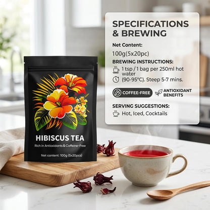 Hibiscus Tea Organic, Hibiscus Tea Loose Leaf Tea Bags, Rich In Anthocyanins & Vitamin C, Naturally Caffeine-Free, Tart & Refreshing Flavor, 20 Tea Bags