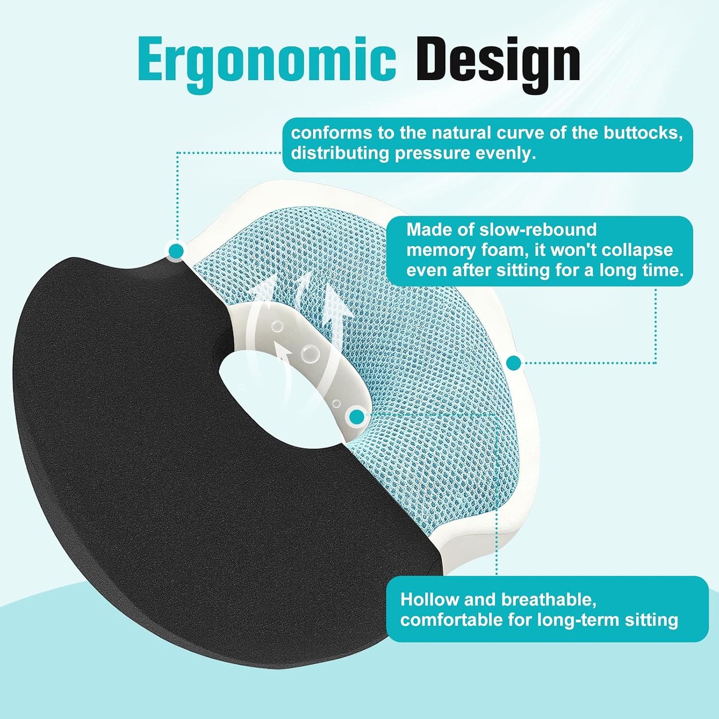 Seat Cushion,Memory Foam Coccyx Cushion for Relief Sciatica,Hip and Tailbone Pain,Seat Cushion with Non-Slip Base for Office Chairs,Wheelchair,Car,Seat Cushions for Long Sitting,Black